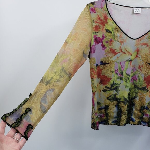 Vtg Y2K Maurices Mesh Sleeve Top Size S Digital Floral Print Ruffles Fairycore - Picture 9 of 9